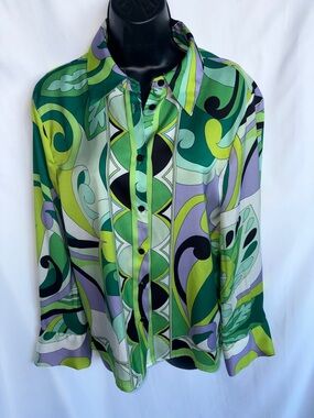 Sundayup Green Multi-Print Button Front Blouse, 19” PTP, 24” L